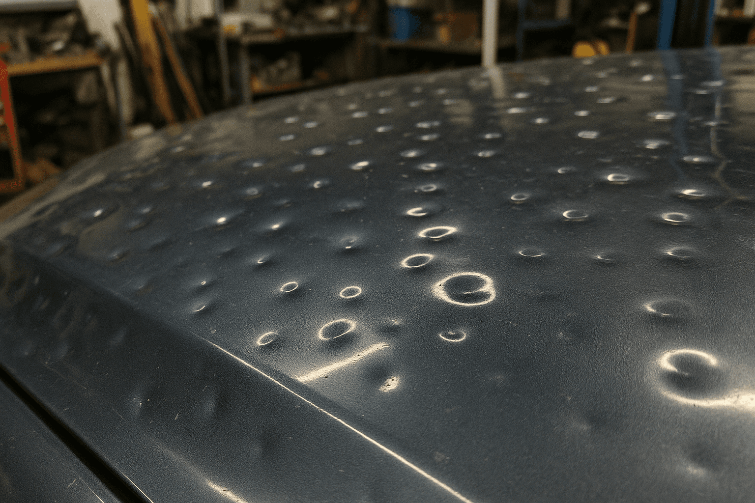 Hagelschäden auf einer Motorhaube vor der Reparatur