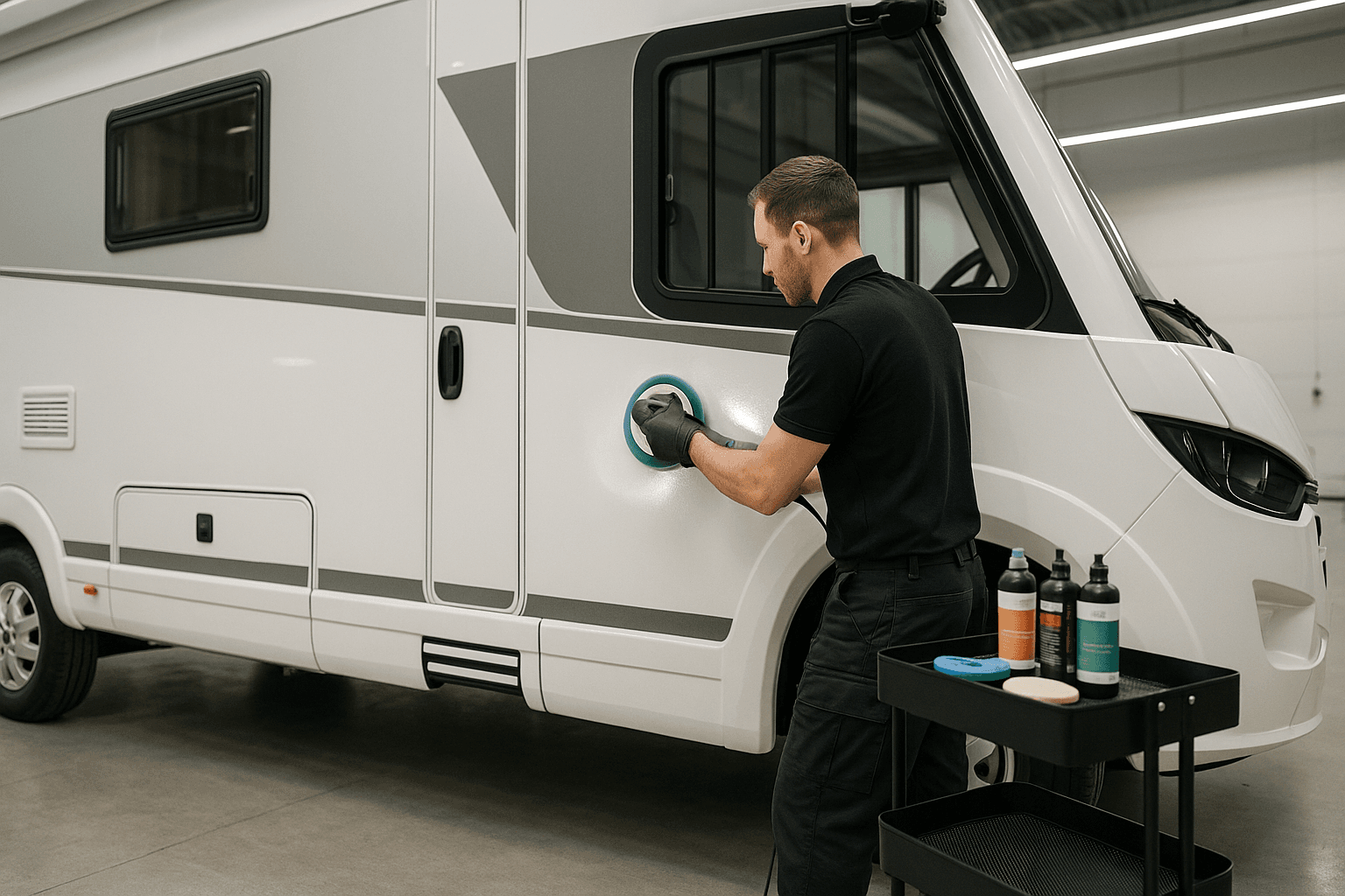 Wohnmobil-Politur mit Dual-Action-Polierer in der Werkstatt