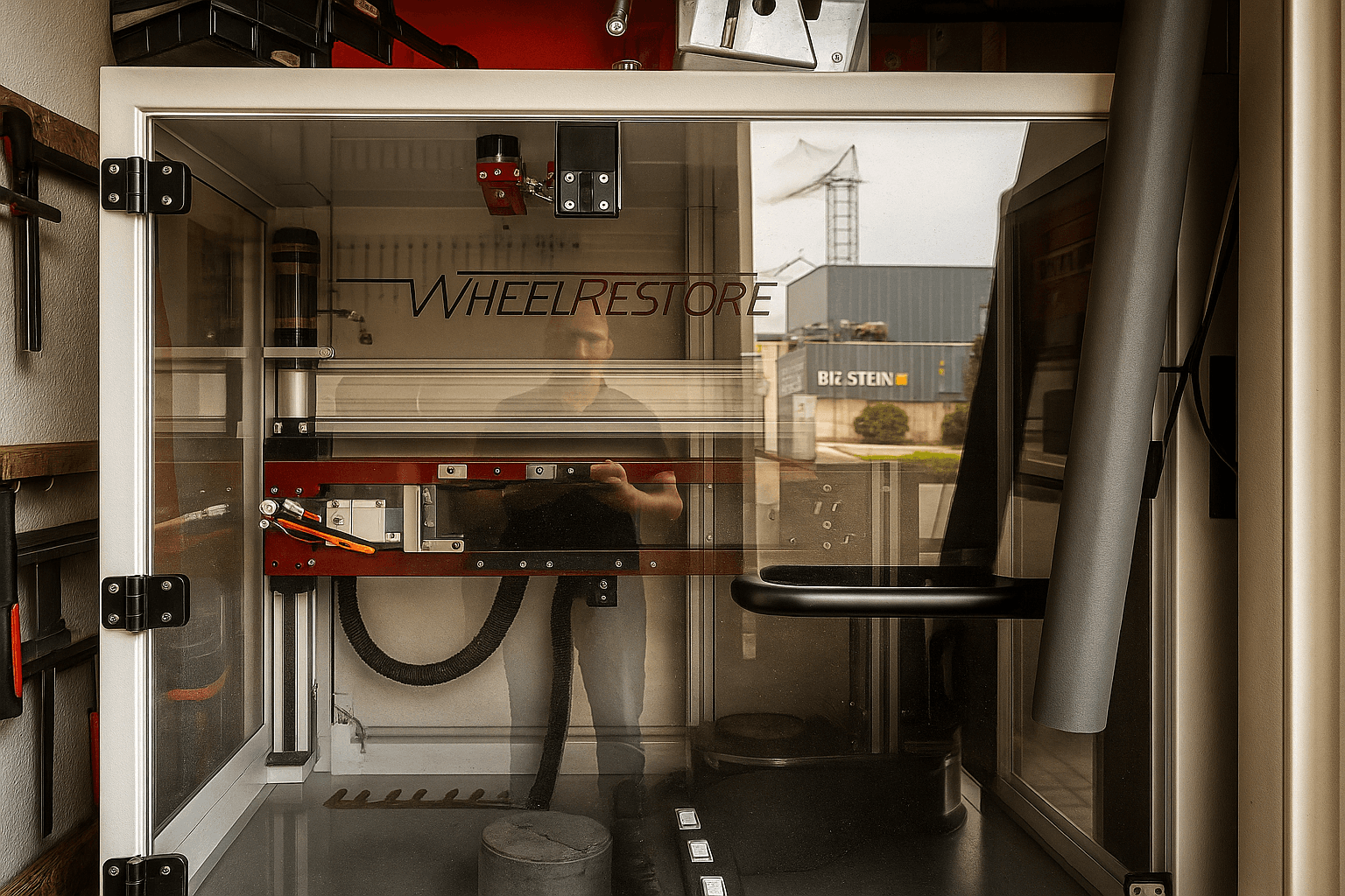 WheelRestore CNC-Maschine Innenleben. Bearbeitungswerkzeug und Spindel durch Schutzglas