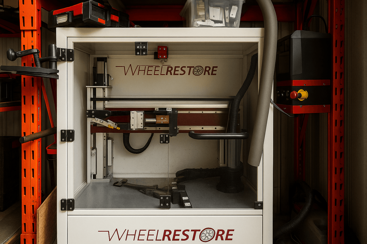 WheelRestore CNC-Maschine geschlossen, geöffneter Bedienbereich mit Notaus und Markenlogo