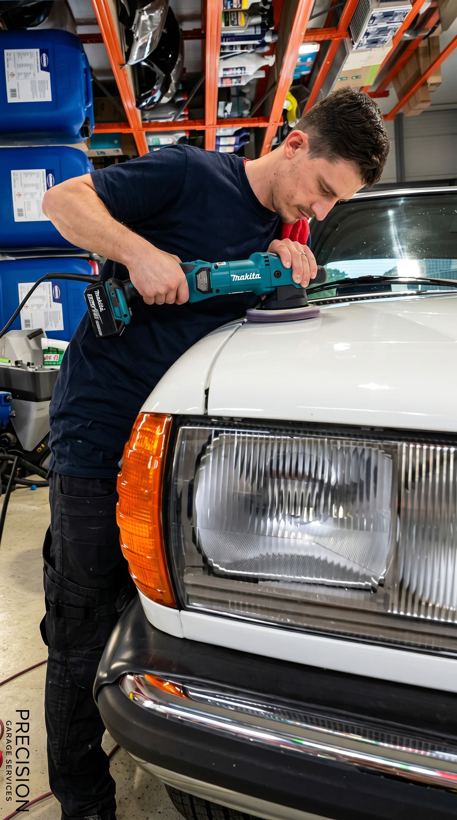 Mercedes 190E Scheinwerfer-Politur mit Makita-Polierer. Klassiker zurück zum Glanz