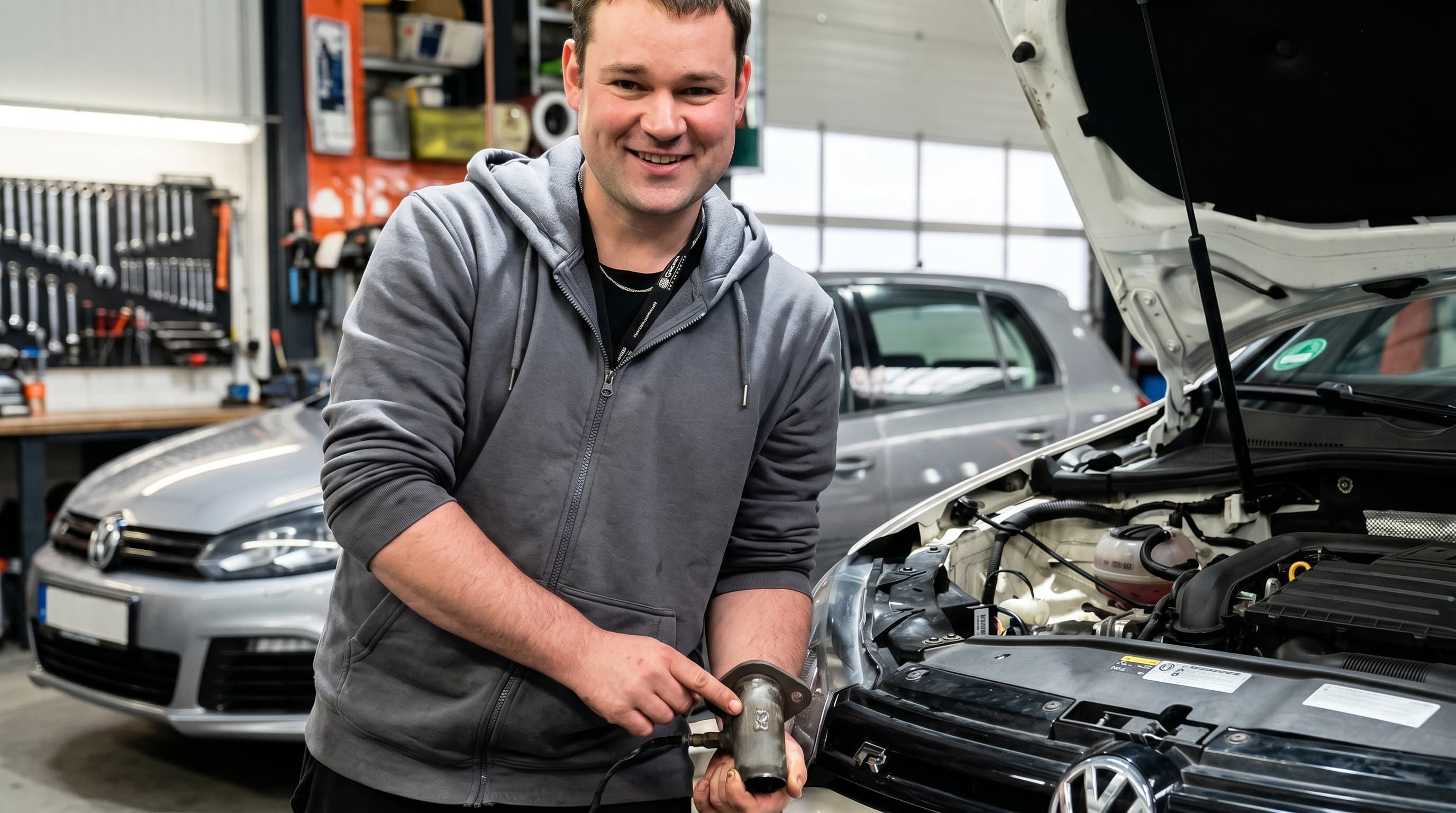 StarWash-Mechaniker mit ausgebautem Auspuffteil neben Golf in der Werkstatt