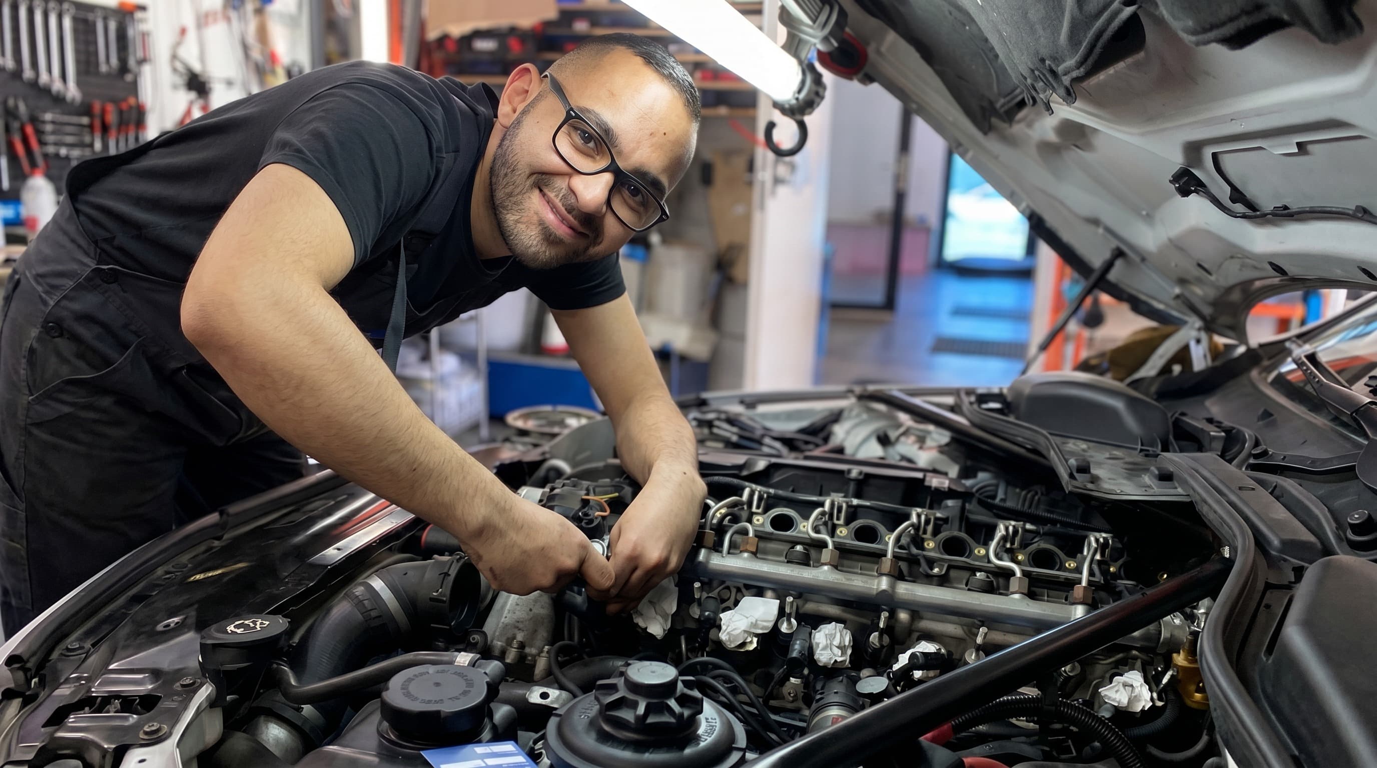 StarWash-Mechaniker arbeitet am BMW-Motor, konzentriert und sichtbar mit Spaß an der Sache