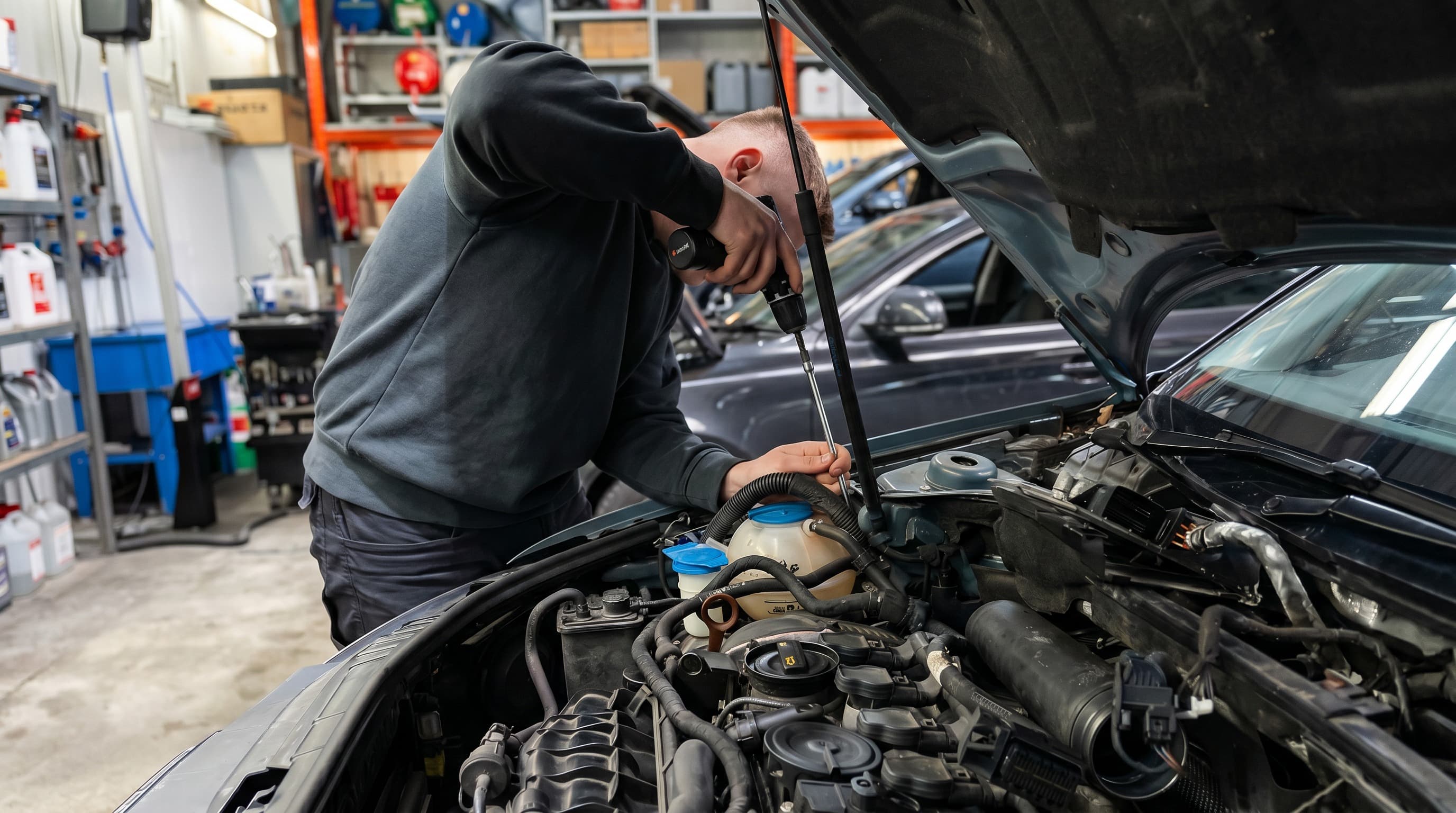 StarWash-Mechaniker beugt sich über Mercedes-Motorraum bei der Diagnose