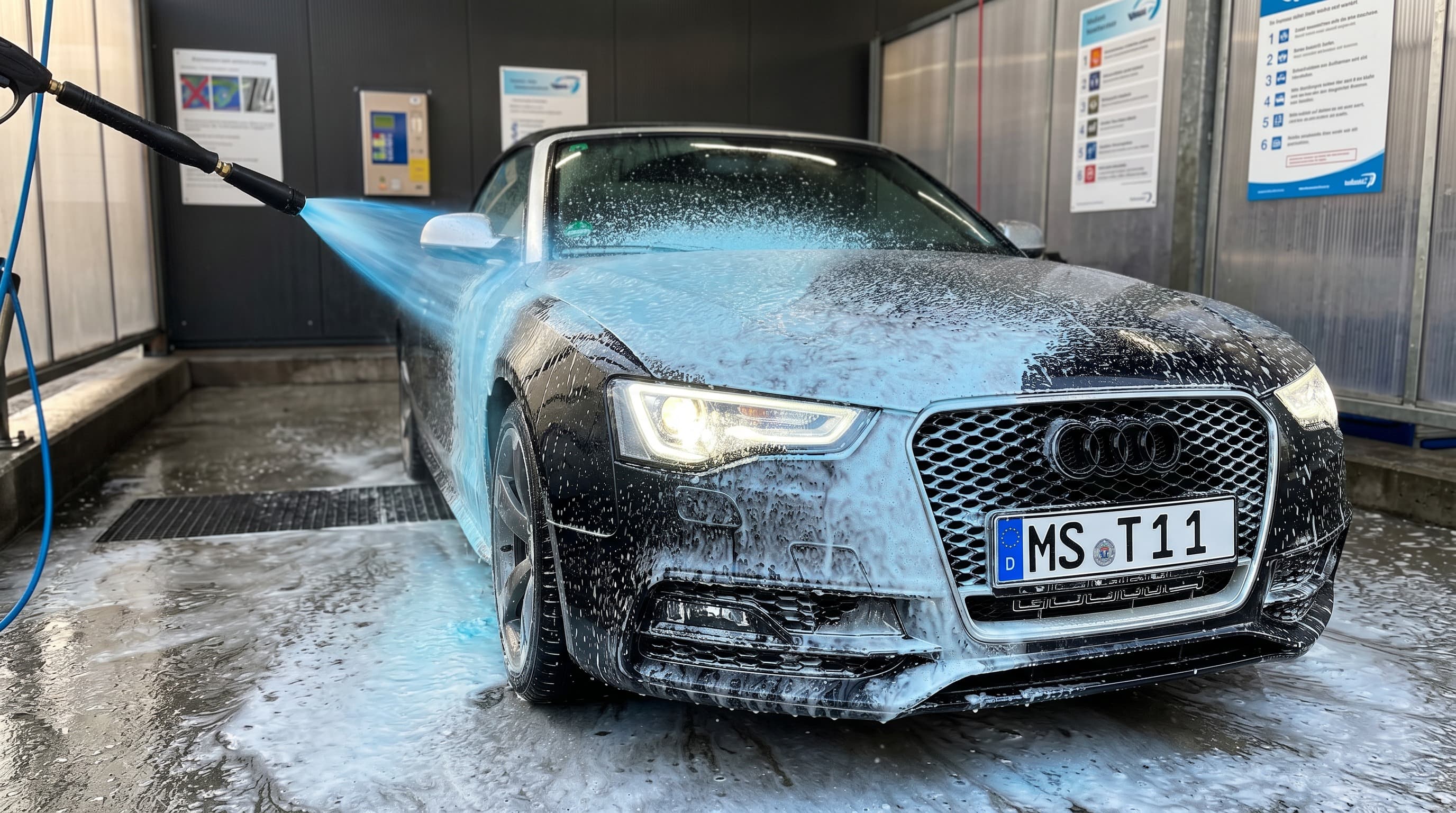 Audi A5 Cabrio mit blauem Aktivschaum in der StarWash SB-Box