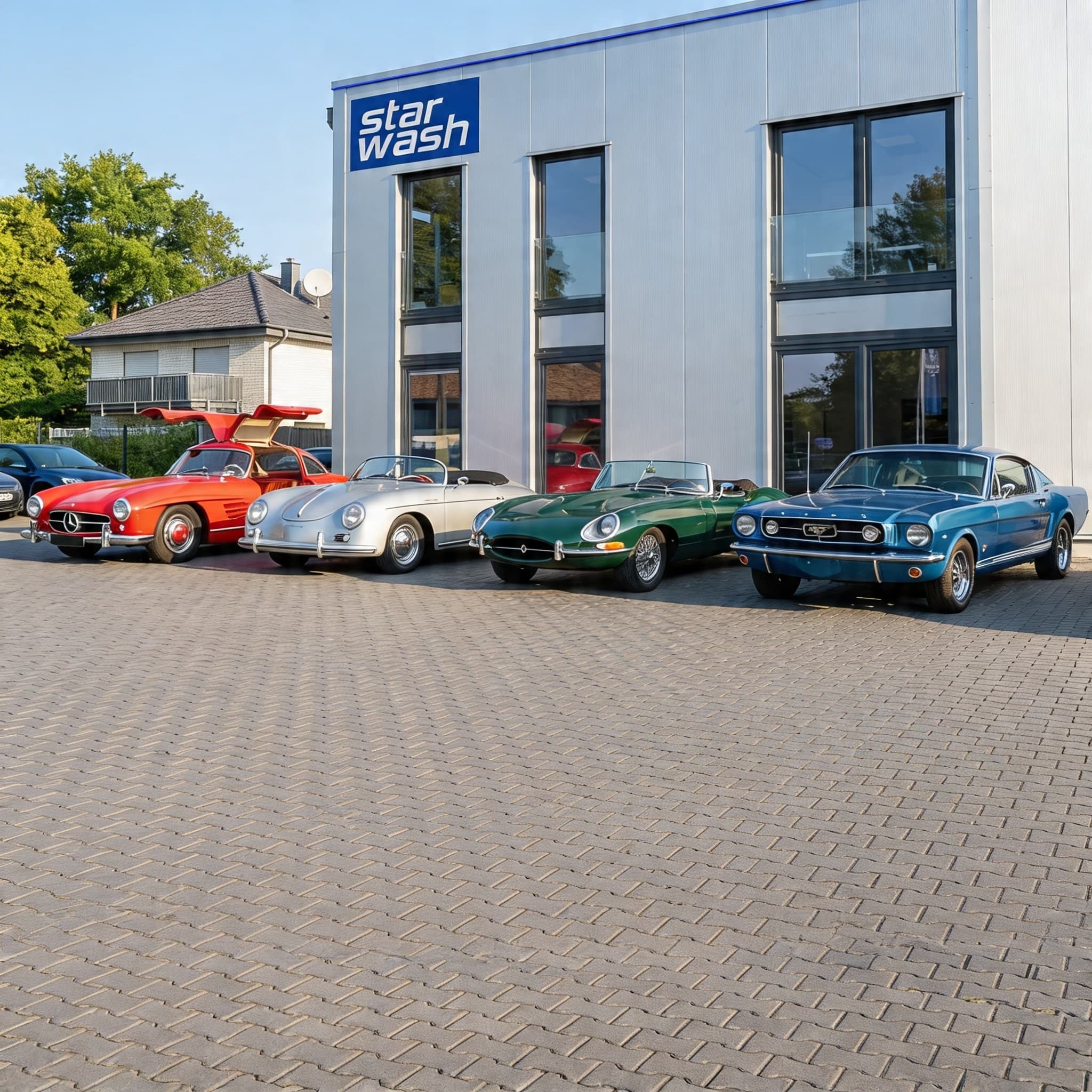 StarWash-Gebäude mit Oldtimer-Flotte