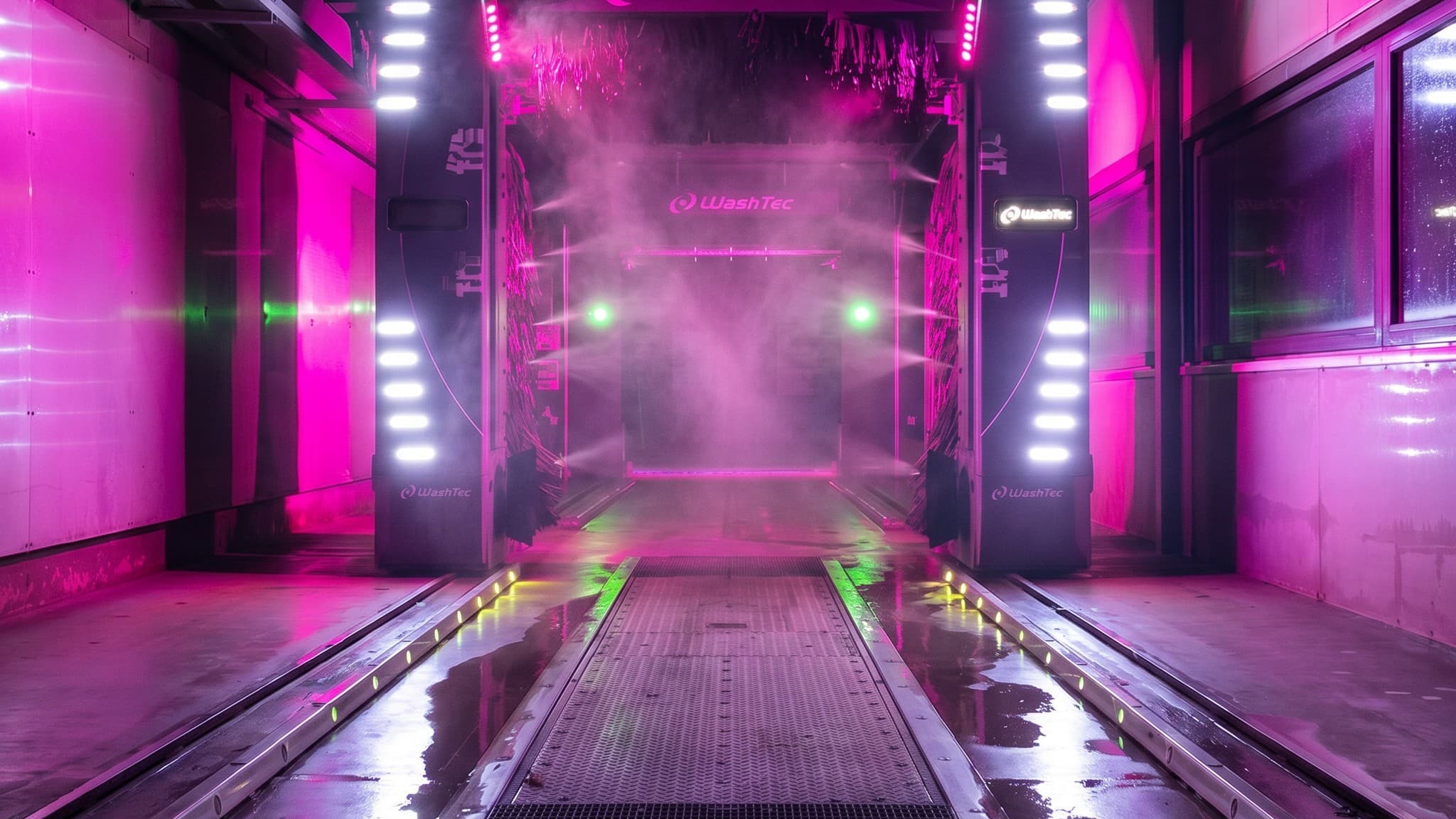 WashTec Portalanlage in Pink-Violett-LED-Licht