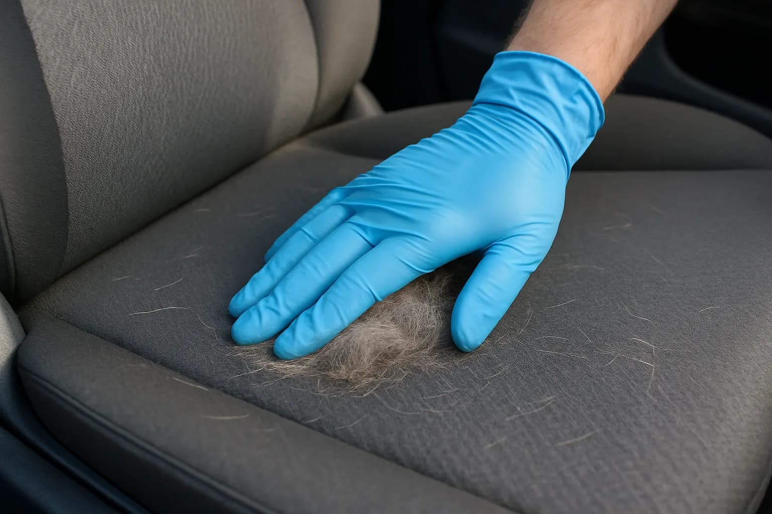Tierhaare mit Gummihandschuh vom Autositz entfernen