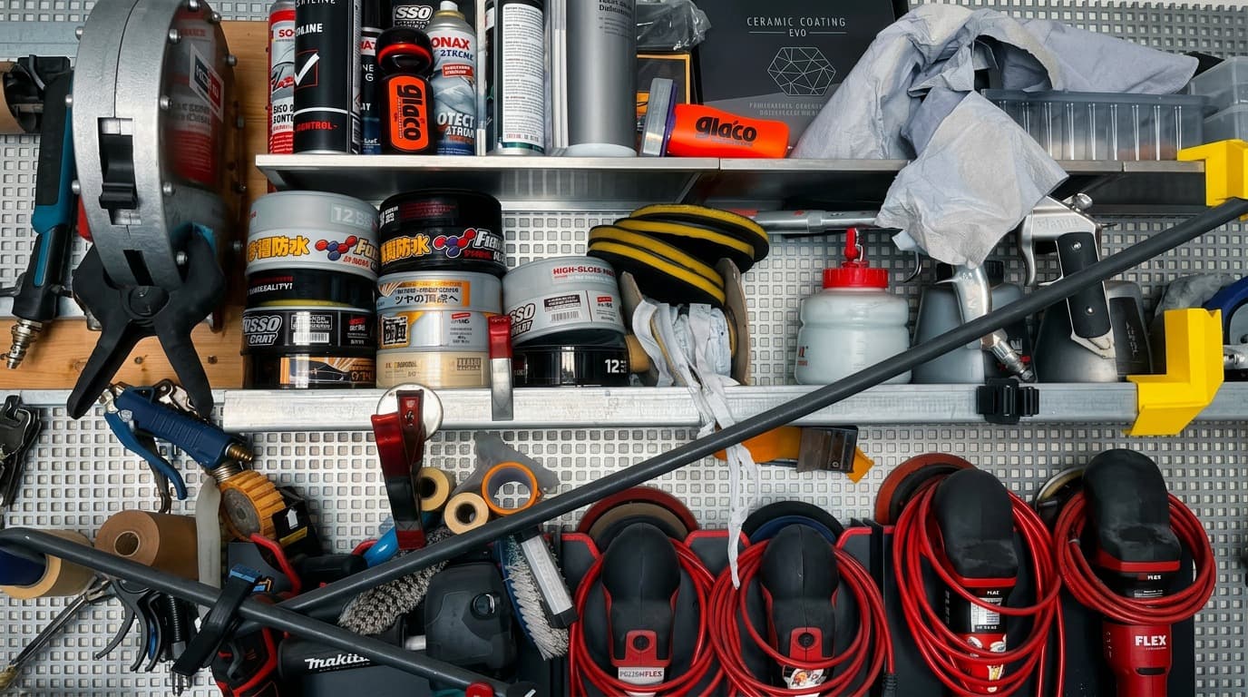 Detailing-Pflegemittel-Regal mit Sonax, Klebebändern und Polier-Equipment