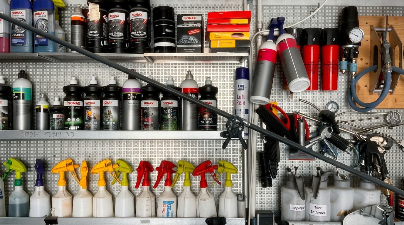 Detailing-Werkzeug-Wand mit Sonax und Druckluftaufbereitung