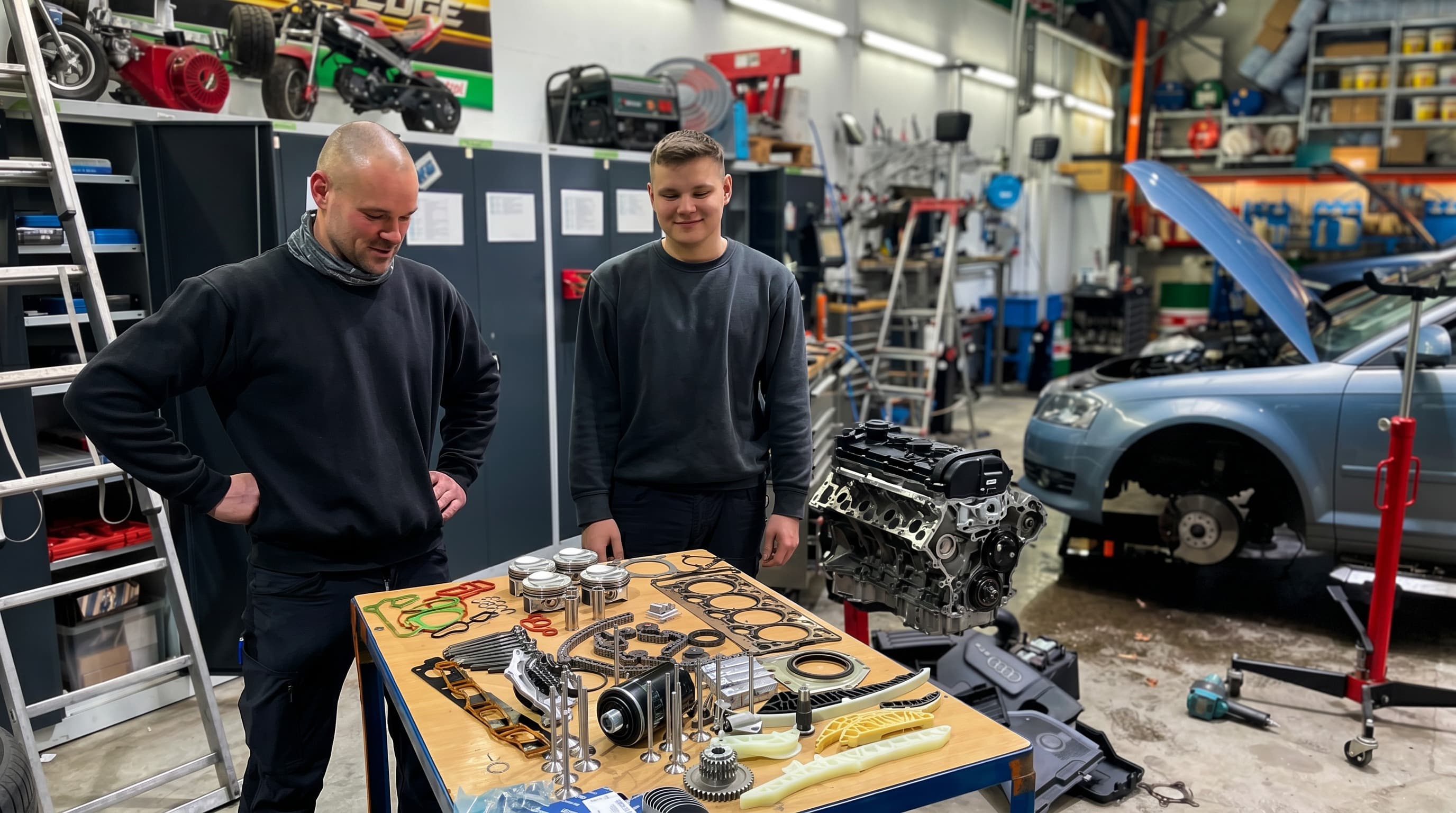 Zwei StarWash-Mechaniker am Arbeitstisch mit zerlegtem Motor und Ersatzteilen