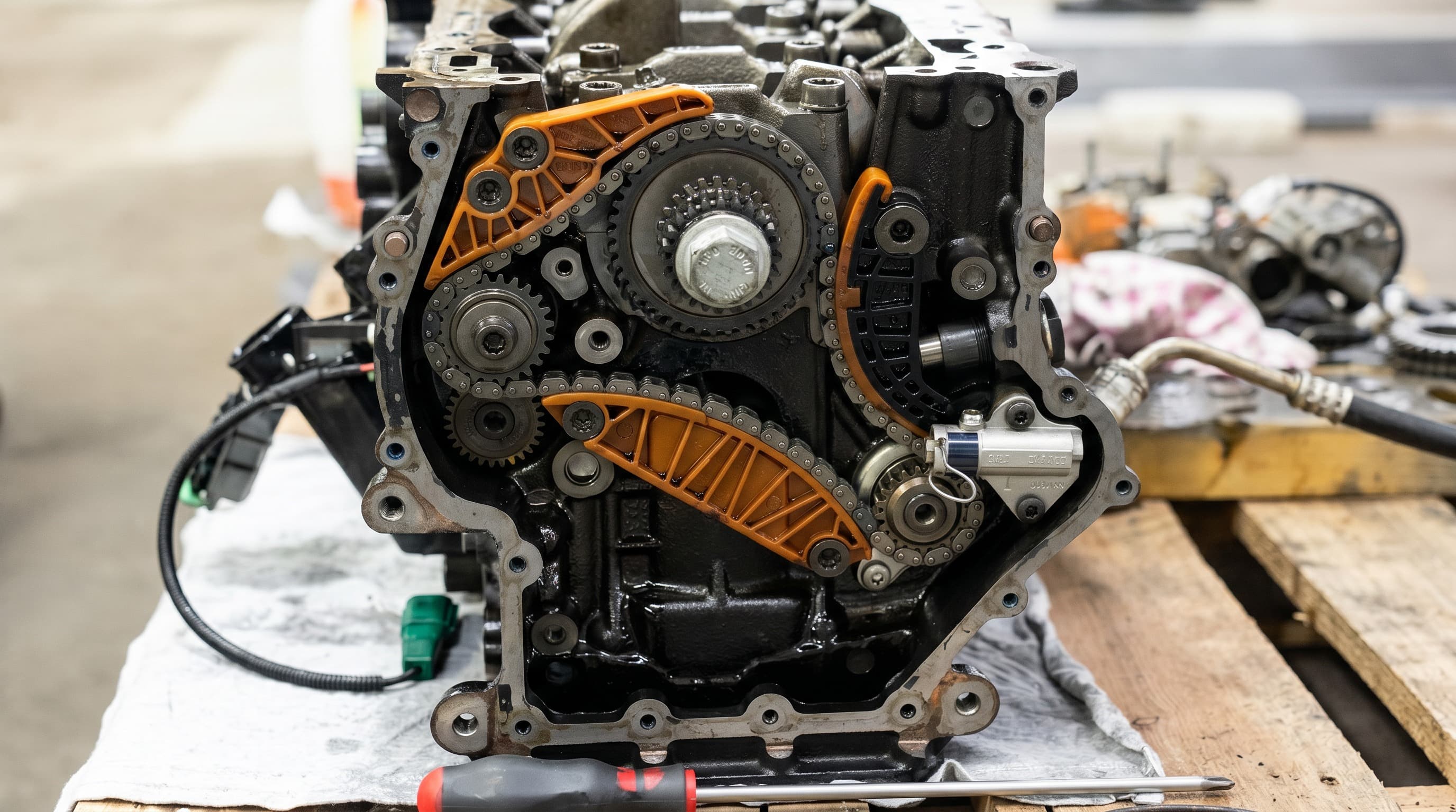 Gelängte Steuerkette aus einem VAG-Motor, orange Kettenspanner sichtbar