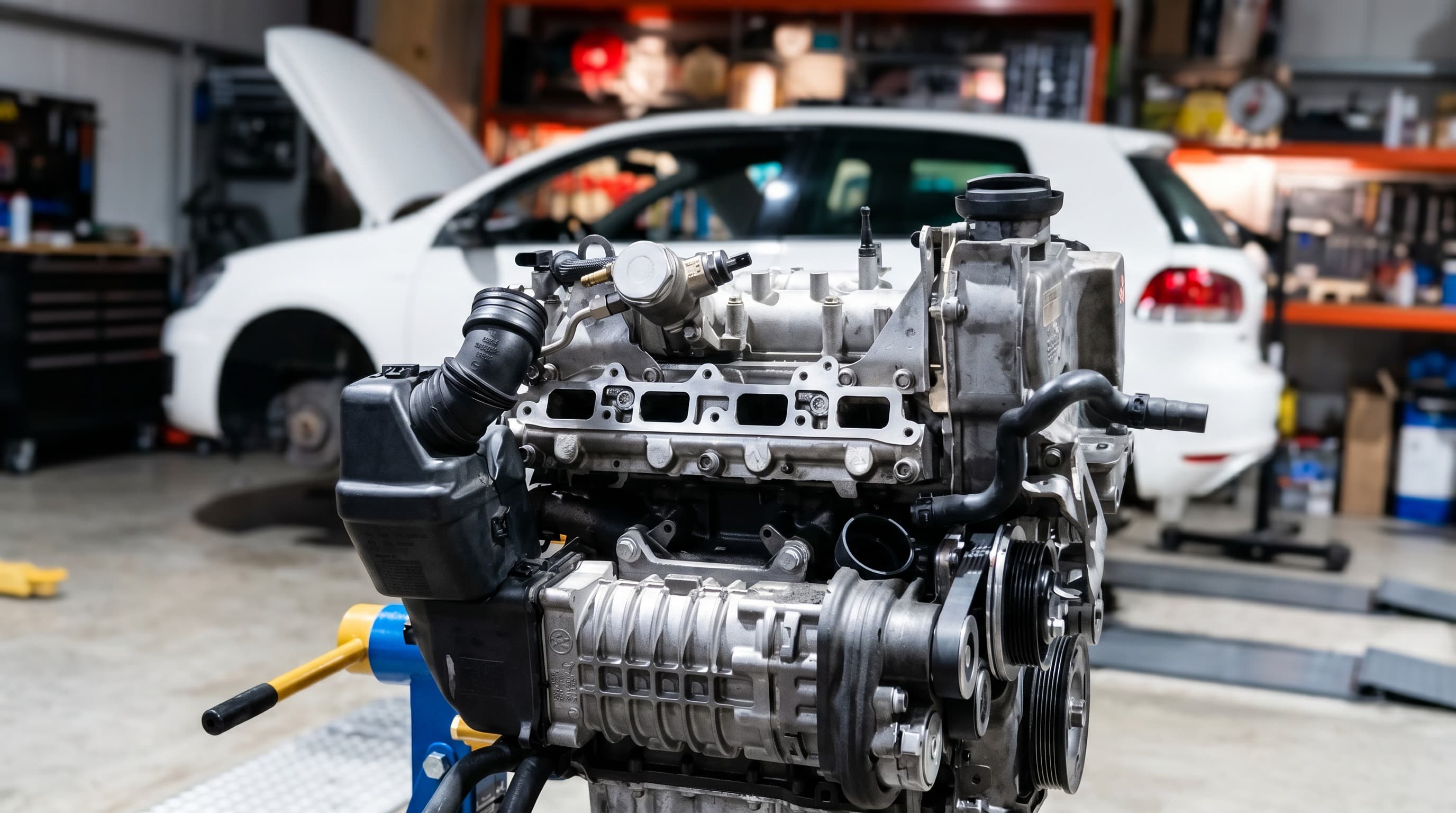 VAG-Motor auf dem Werkstattständer bei der Instandsetzung