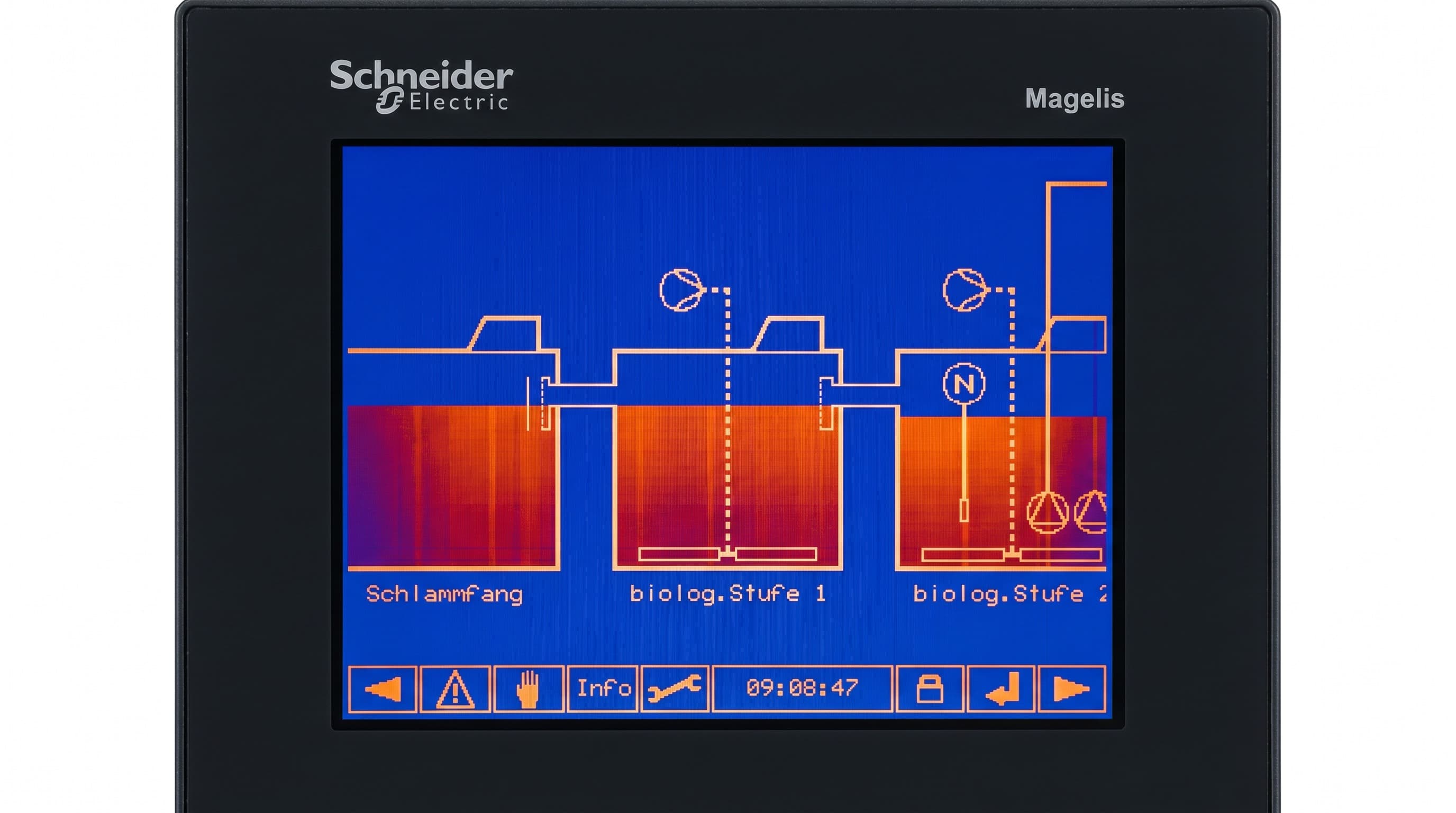 Schneider Magelis Steuerung der biologischen Wasseraufbereitung. Schlammfang und biologische Stufen sichtbar