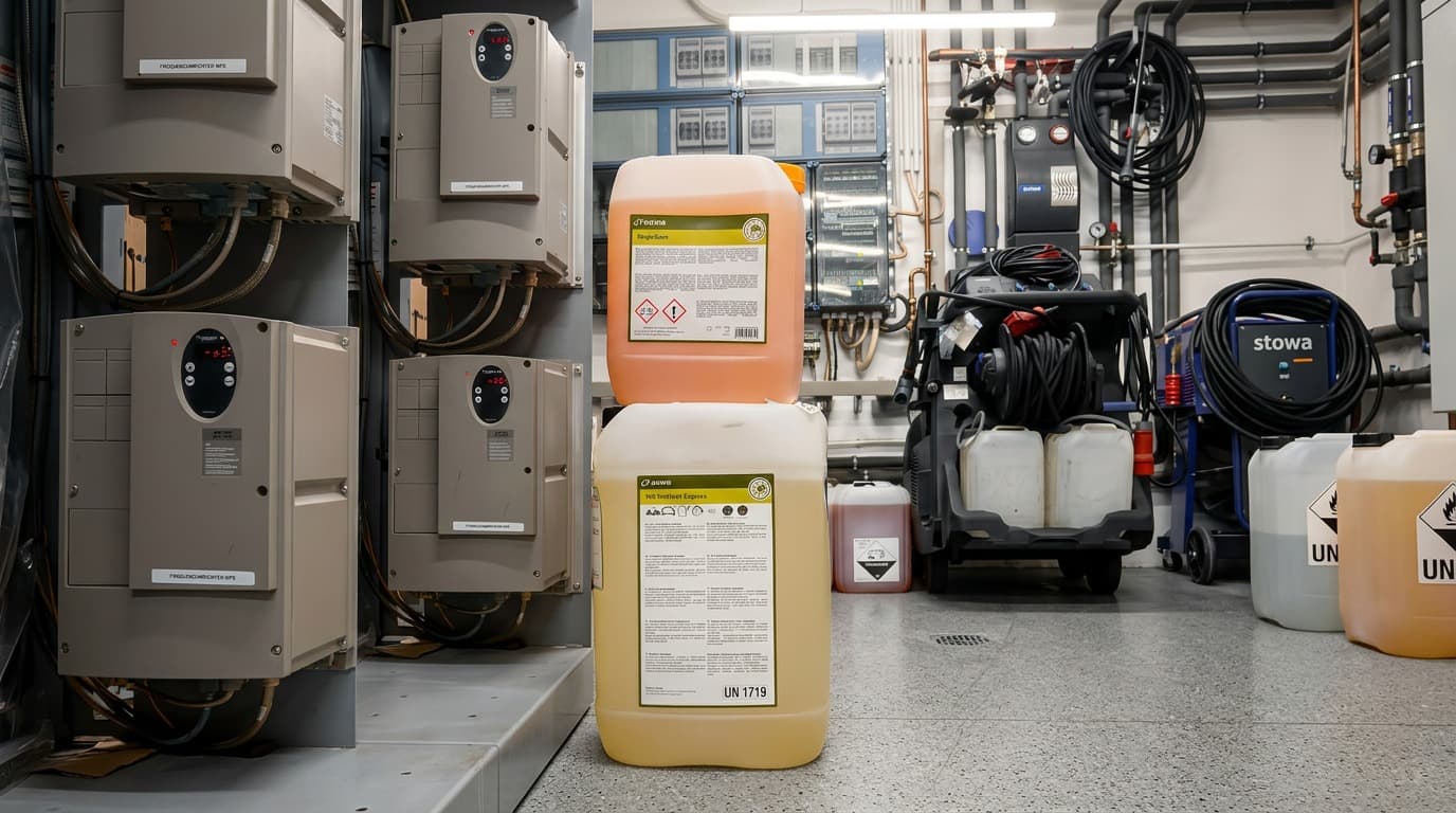 Biologisch abbaubare Reinigungsmittel im Kanister-Lager bei StarWash Münster