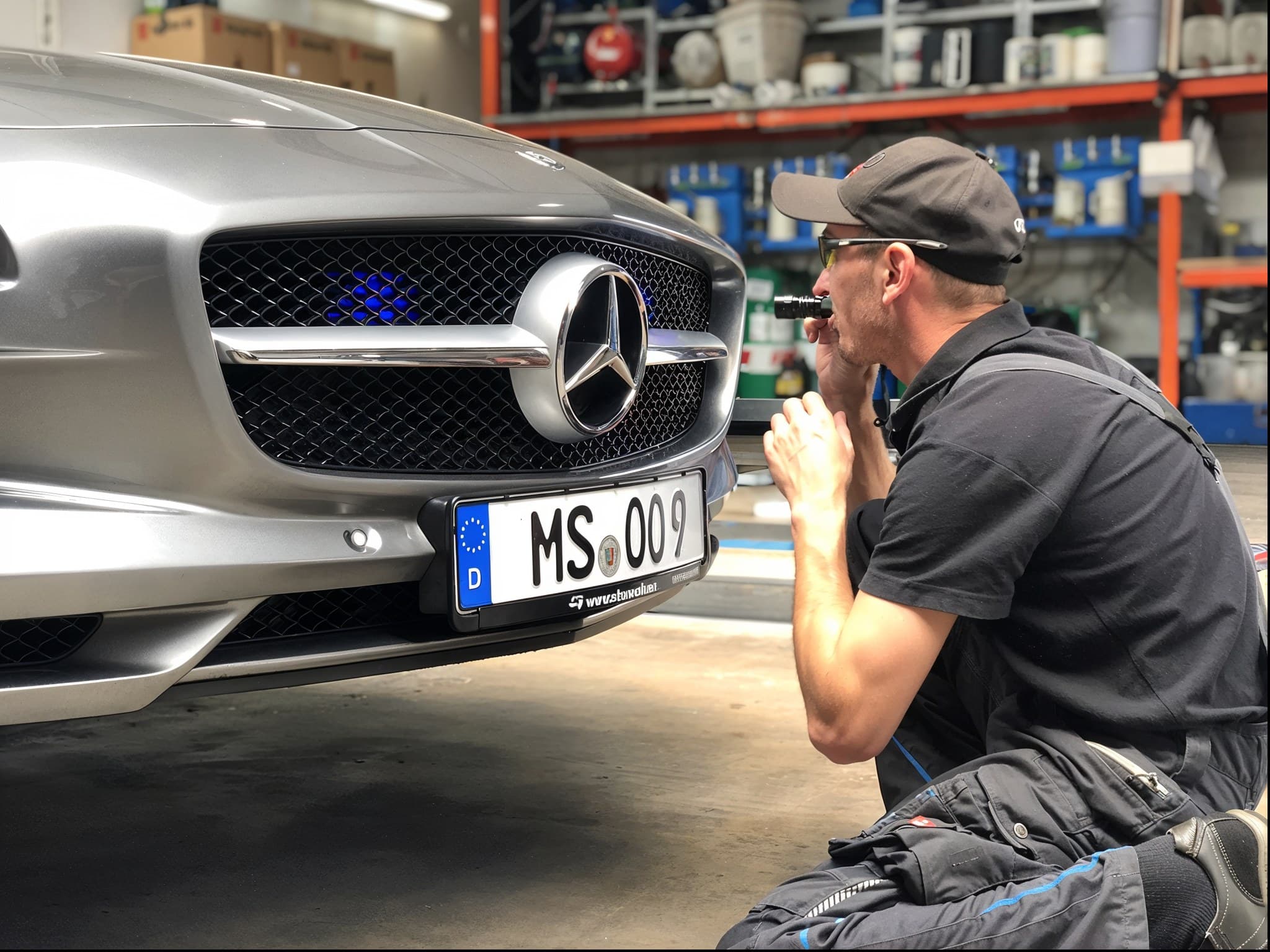 StarWash-Techniker prüft Frontscheibe an Mercedes SLS AMG mit Lupe